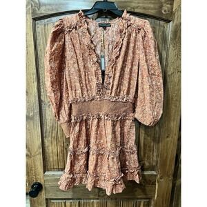 House of Harlow 1960 Women's Burnt Orange Floral Long Sleeve Midi Dress Size L